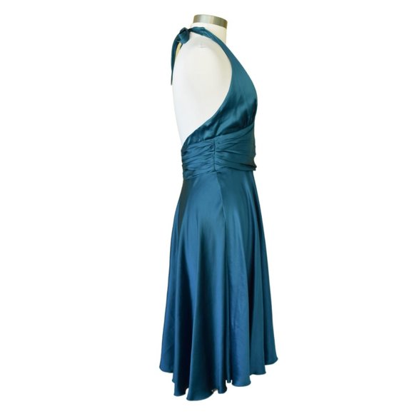 Teal Silk Halter Midi Dress Embellished Backless - Picture 5 of 10